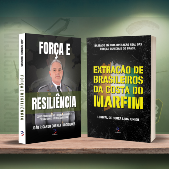Kit de livros contendo as obras Força e Resiliência, de João Ricardo Correa Rodrigues, e Extração de Brasileiros da Costa do Marfim, de Lorival de Souza Lima Júnior, publicados pela Editora Eficaz.